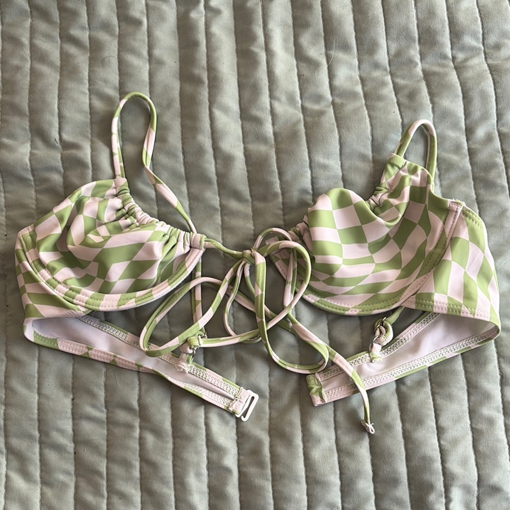 Green and Pink Checkered Bikini Top